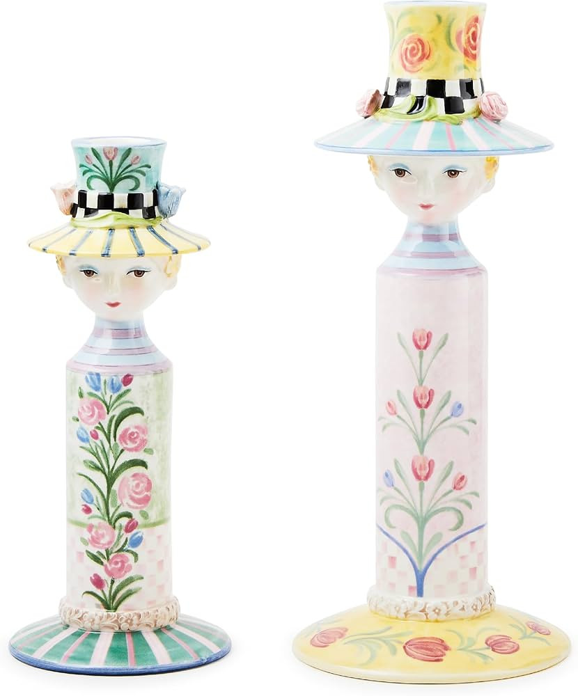 MACKENZIE-CHILDS Set of 2 Rosy Meadow Lady Ceramic Candle Holders, Candle-Holder Decor | Amazon (US)