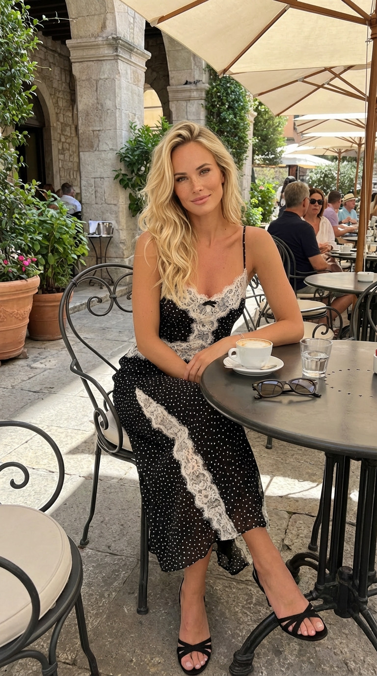 THIS POLKA DOT DRESS IS EUROPEAN SUMMER PERFECTION! ☕🖤🤍
I'm completely IN LOVE with this black and white polka dot midi dress with lace trim! If you're looking for vacation outfit ideas, European summer style, romantic date night looks, or that perfect dress for fancy brunches and café hopping, THIS IS IT! This dress is giving Italian summer, Parisian chic, and timeless elegance all at once! ✨
THE DRESS: Can we talk about how STUNNING this polka dot midi dress is?! The classic black and white pattern is so timeless and elegant! The delicate white lace trim running through the middle adds such a romantic, vintage-inspired touch! This isn't your average polka dot dress - it's sophisticated, unique, and absolutely gorgeous! 🖤🤍
The spaghetti straps are delicate and feminine, the sweetheart neckline with lace detail is so romantic and flattering, and the fitted bodice creates a beautiful silhouette! The midi length is perfect - elegant and sophisticated while still being comfortable for walking around European streets! The dress skims your body beautifully without being too tight! 👗
The lace panel detail running diagonally across the dress is GENIUS! It adds visual interest, breaks up the polka dot pattern in the most beautiful way, and creates such a unique, eye-catching design! This detail makes the dress feel special and expensive! The contrast between the structured polka dots and delicate lace is perfection! 🌟
POLKA DOT LOVE: Classic polka dots never go out of style! This pattern is timeless, flattering, and works for literally any season or occasion! The small white dots on black background are so chic and sophisticated - it's giving vintage Italian cinema, retro glamour, European elegance! 🎬
THE SETTING: This European café with stone columns, terracotta planters, and outdoor seating is DREAMY! This is exactly the kind of setting this dress was made for - leisurely coffees, long lunches, people watching, and soaking in the European atmosphere! 

 #LTKmomlife #LTKselfcare #LTKTravel
