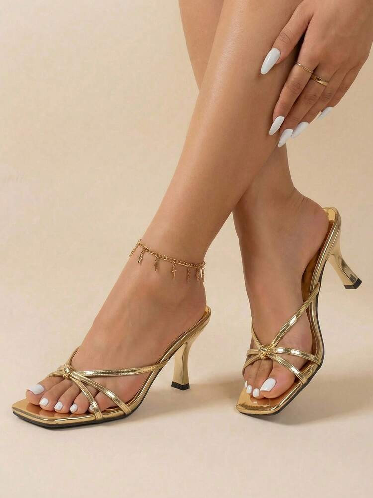 Sirith Crisscross Strap Peep Toe Stiletto Heel Slide Sandals, Gold, Fashionable Women High Heel Comfortable Formal Dress Shoes | SHEIN