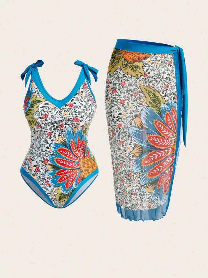 SHEIN Swim Oasis Summer Beach Plus Size Women's Plant Printed One Piece Swimwear 2pcs Set | SHEIN