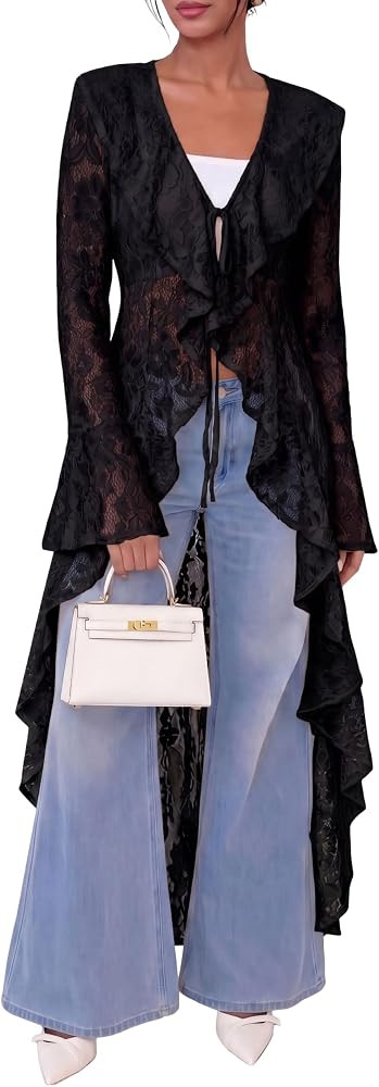 Lace Cardigan for Women Maxi Summer Lightweight Open Front Tie Bell Long Sleeve Ruffled Tops Dust... | Amazon (US)