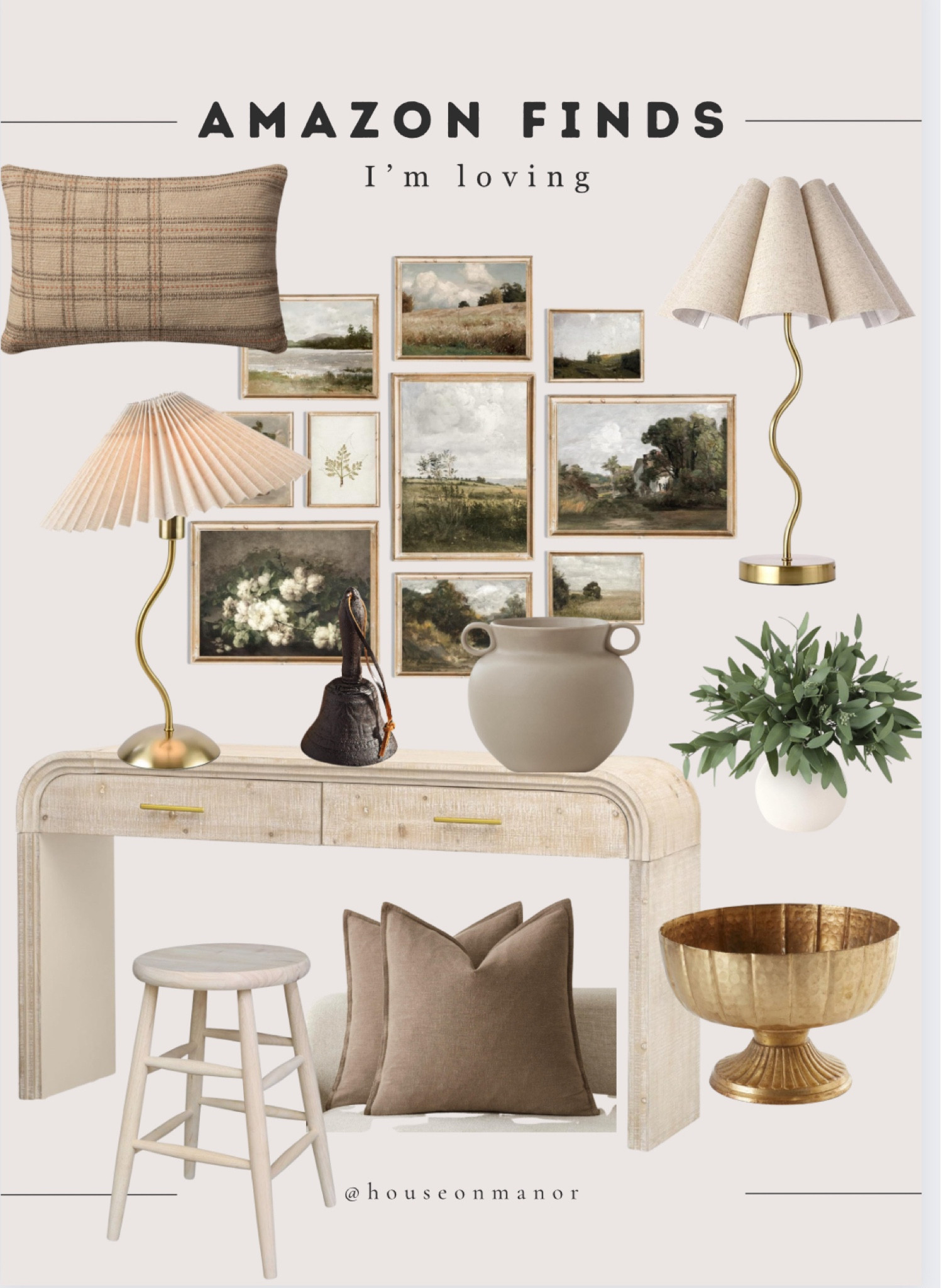 RECENT AMAZON FINDS IM LOVING

neutral throws, moody art, moody home decor, vintage home decor, antique home decor, Loloi pillow, ceramic vase, vintage bell, brown pillow covers, greenery, amazon stems, vintage compote bowl, gold compote bowl, unfinished wooden stool, small table lamps, bedroom lamps

#LTKfindsunder100 #LTKstyletip #LTKhome