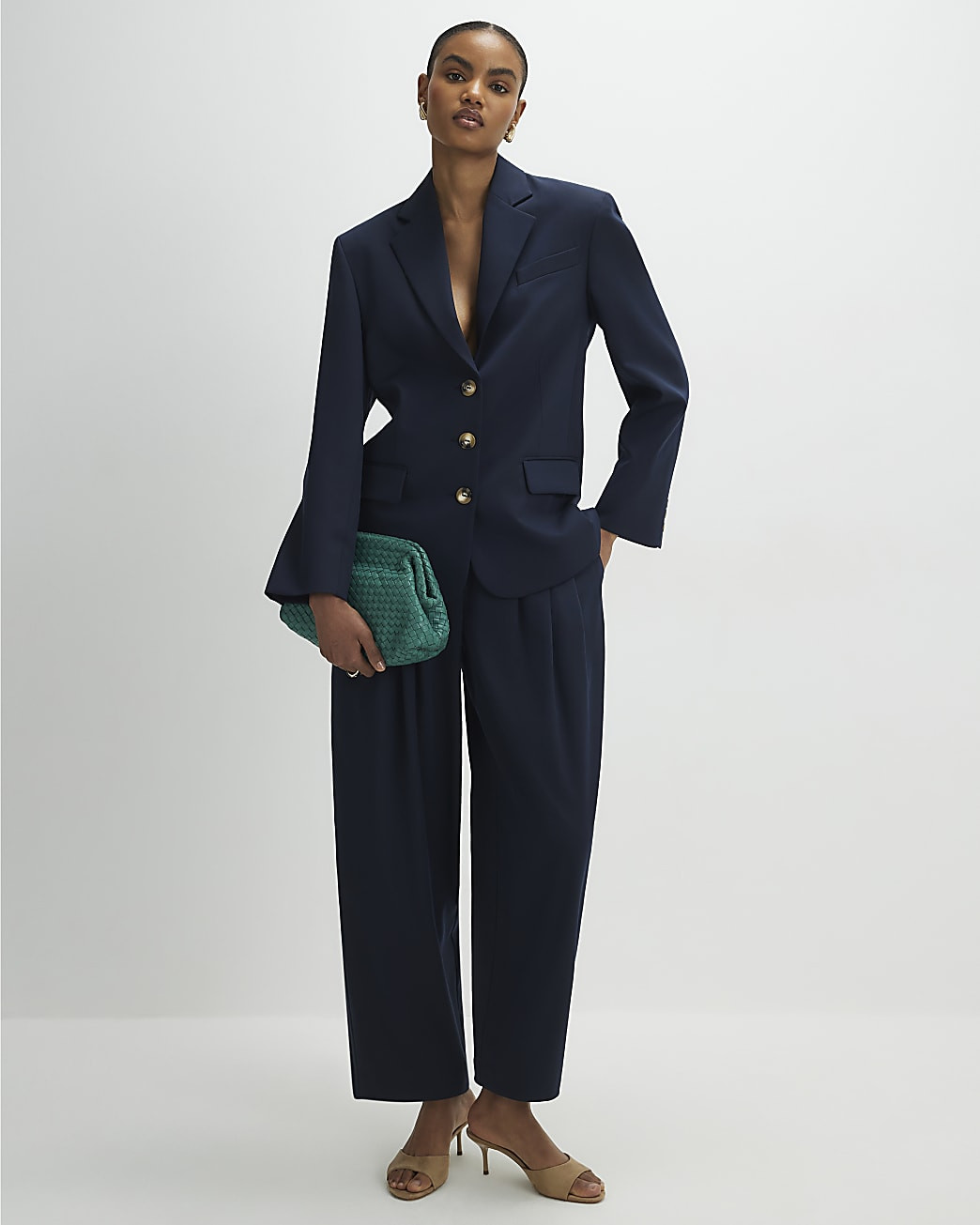 Navy Barrel Leg Trousers | River Island UK & IE