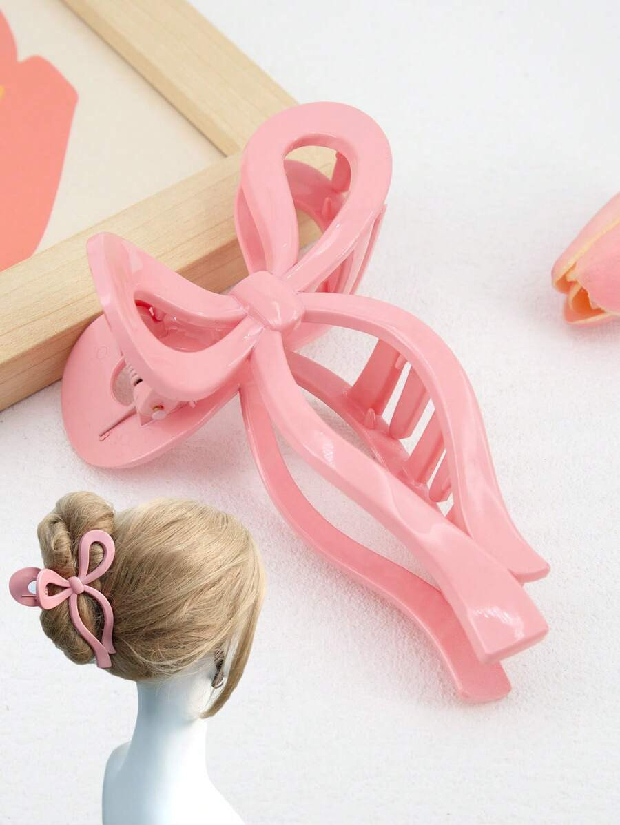 1pc Plastic Hair Claw Clip With 13cm Pink Ribbon Bowknot For Women's Daily Use | SHEIN