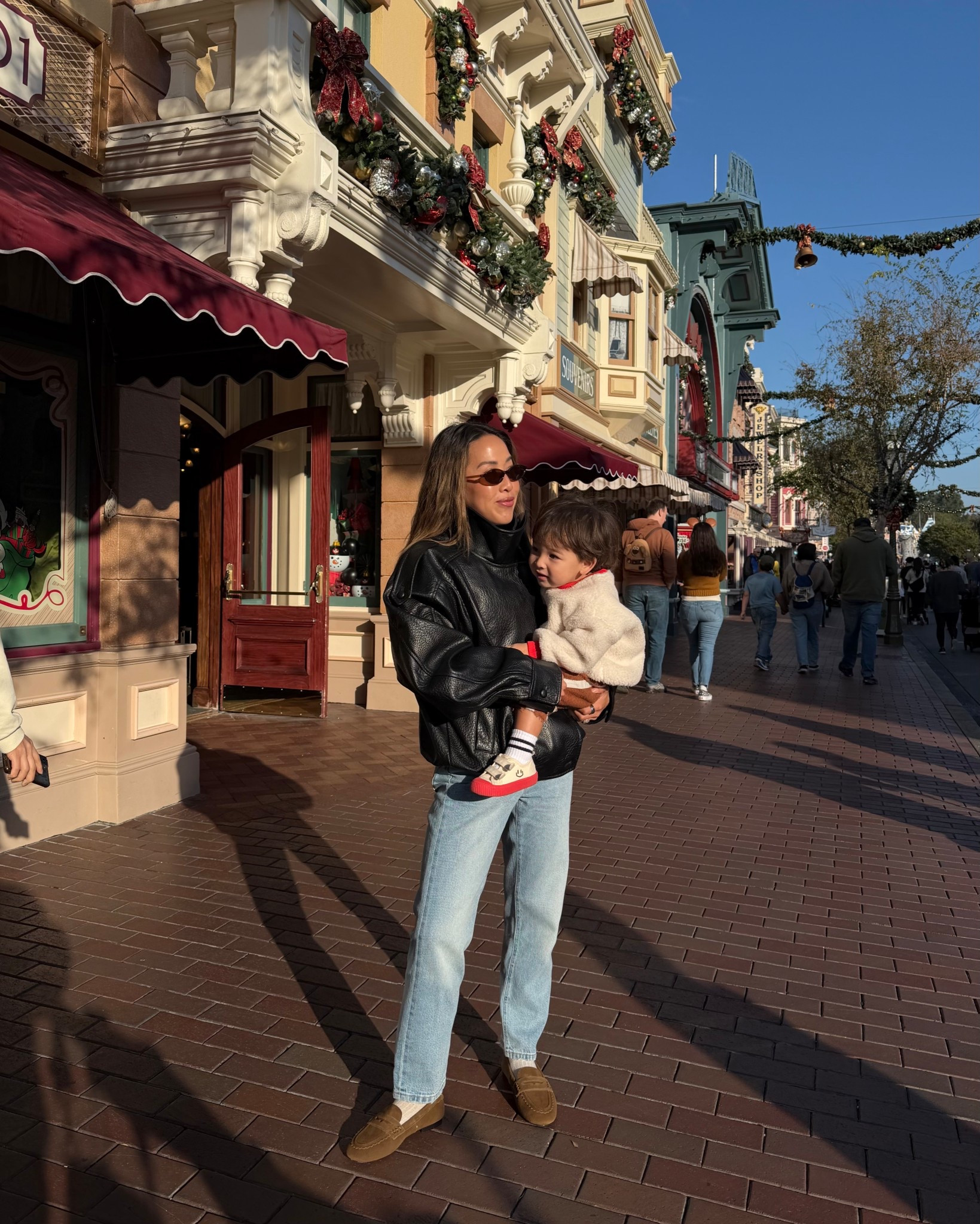Zara leather jacket, Levis jeans, disneyland outfit 
