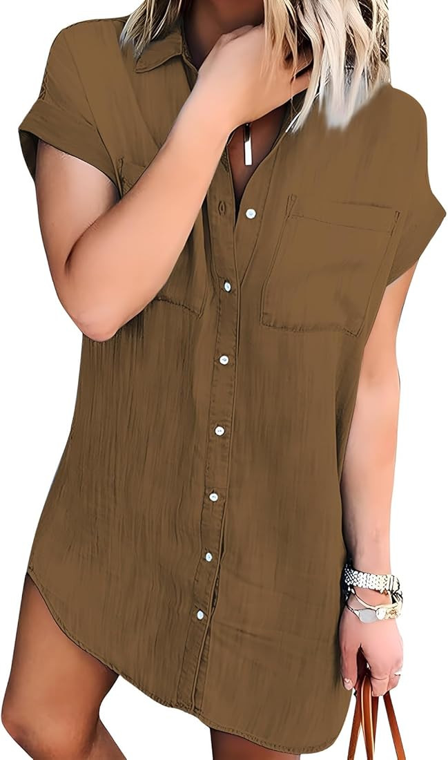 Zilcremo Women Denim Shirt Dresses Short Sleeve Distressed Jean Dress Button Down Casual Tunic To... | Amazon (US)