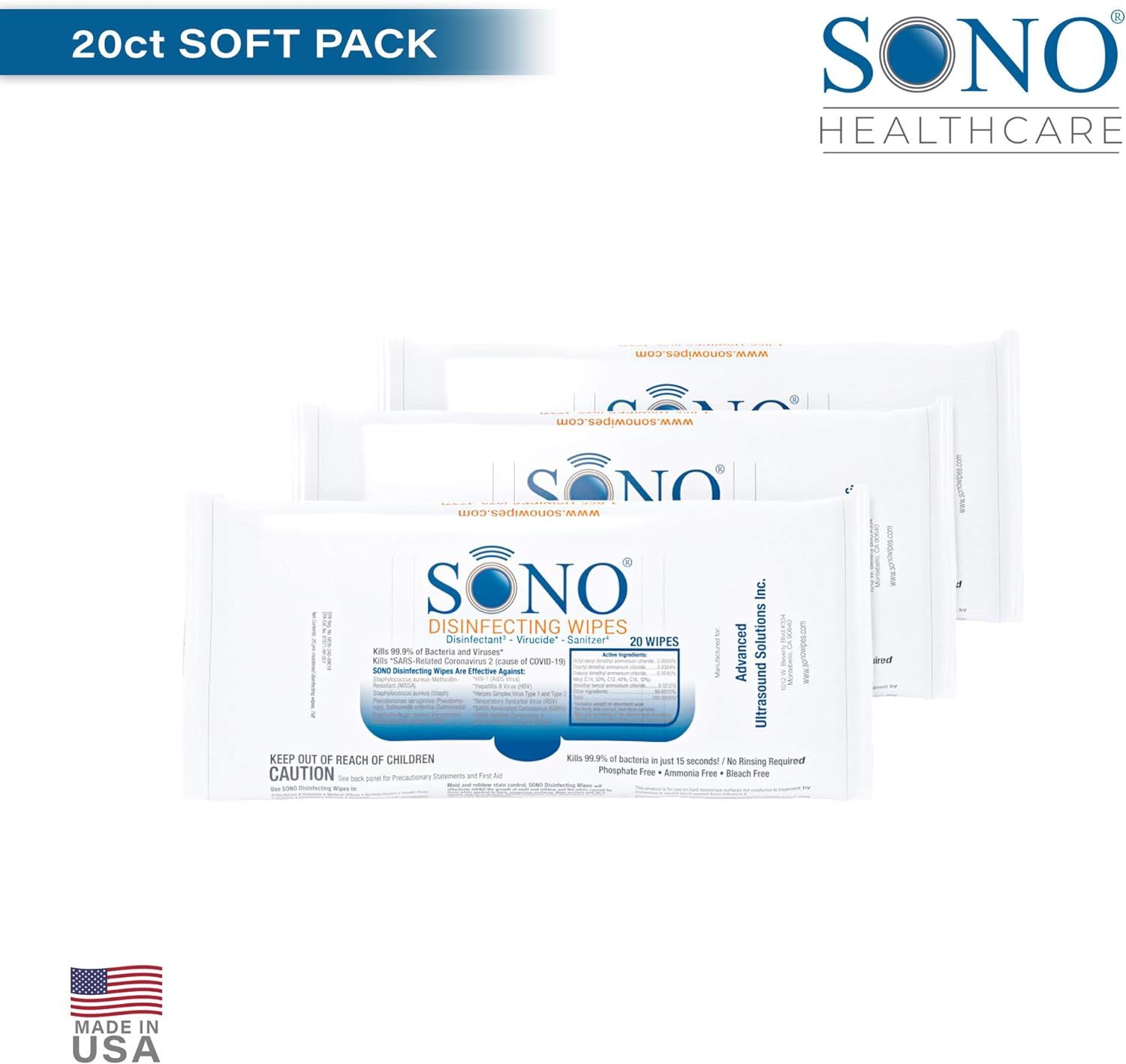 SONO Healthcare - Medical-Grade, Alcohol-Free, Travel Disinfectant Wipes for Schools, Airplanes, Car | Amazon (US)