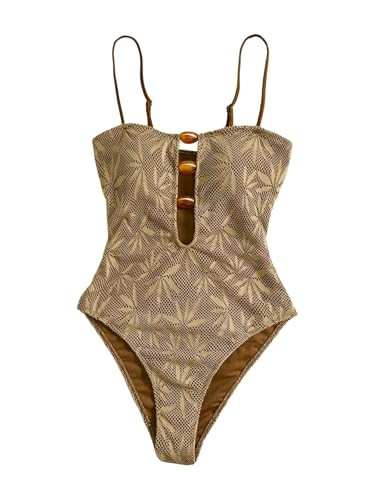 WDIRARA Women's One Piece Cutout Swimsuit High Cut Bathing Suit Spaghetti Strap Vacation Swimwear Beige Large | Amazon (US)