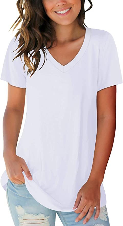 SAMPEEL Women's Basic V Neck Short Sleeve T Shirts Summer Tops Casual | Amazon (US)