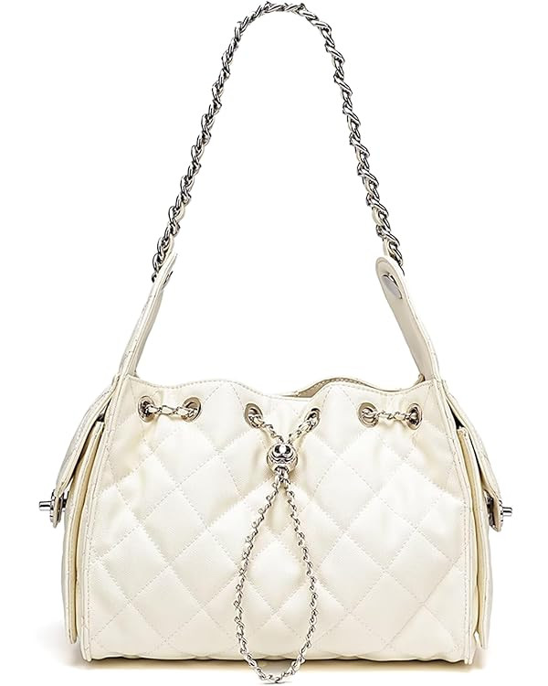 Women’s Quilted Leather Hobo Bag with Chain Strap Drawstring Shoulder Purse Elegant Crossbody H... | Amazon (US)