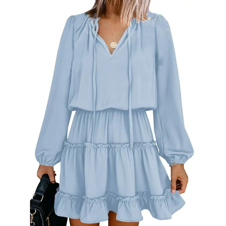 Dokotoo Women's Sky Blue Casual Ruffle Long Sleeve Mini Tunic Dress Drawstring V Neck Dress Size ... | Walmart (US)