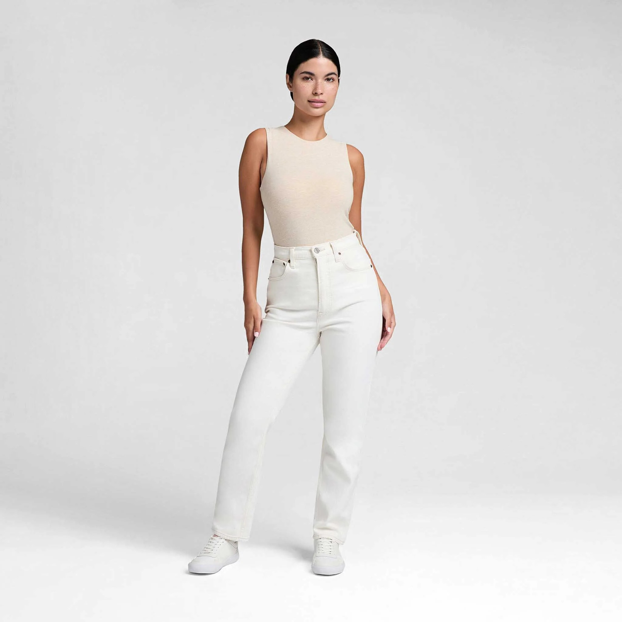 Cotton Stretch Classic Crewneck Tank Bodysuit | Heather Bone | Nuuds US