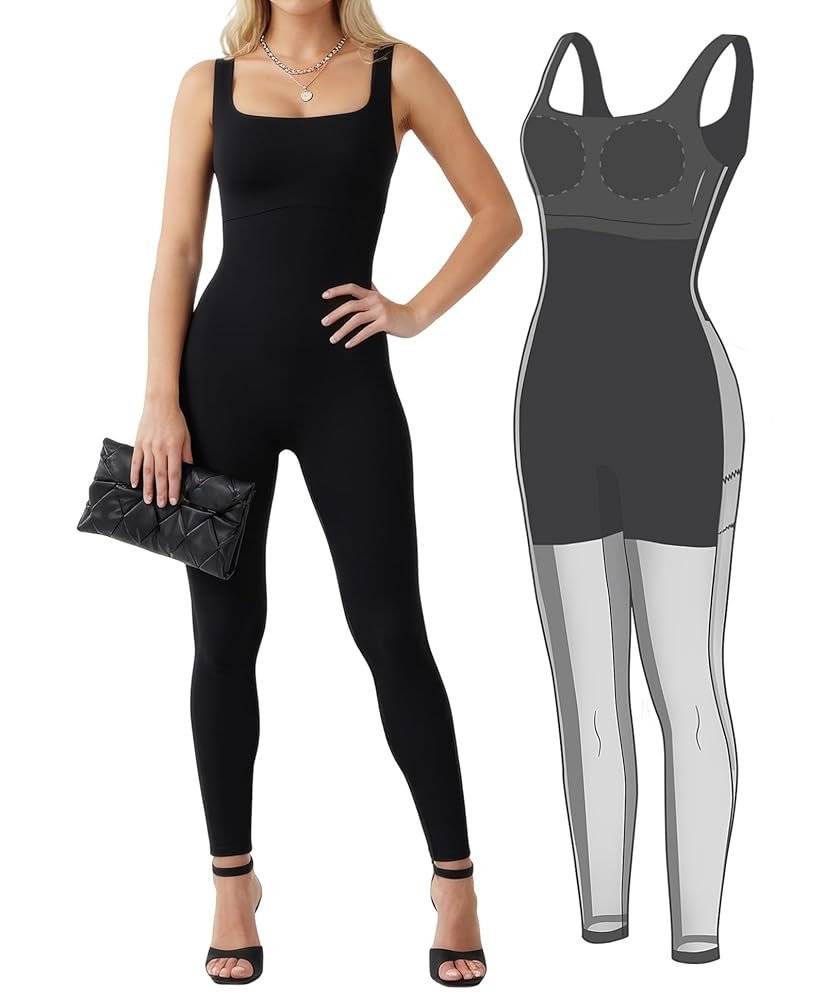 Popilush Shapewear Jumpsuits for Women Built-in Bra Tummy Control Bodysuit Square Neck Sport Romp... | Amazon (US)