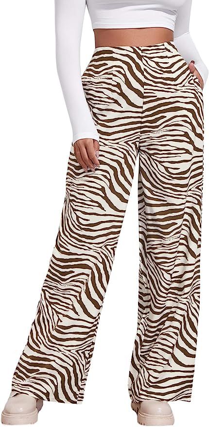 WDIRARA Women's Zebra Print High Waist Wide Leg Casual Pants with Pocket | Amazon (US)