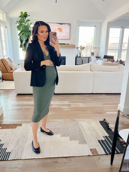 Business casual outfit with green midi dress paired with my all-time favorite Parke blazer! Love this blazer because it can be dressed up or down and is so comfortable without being too boxy! It’s currently on sale for 25% off with code SHOP25! 

#LTKsalealert #LTKstyletip #LTKworkwear