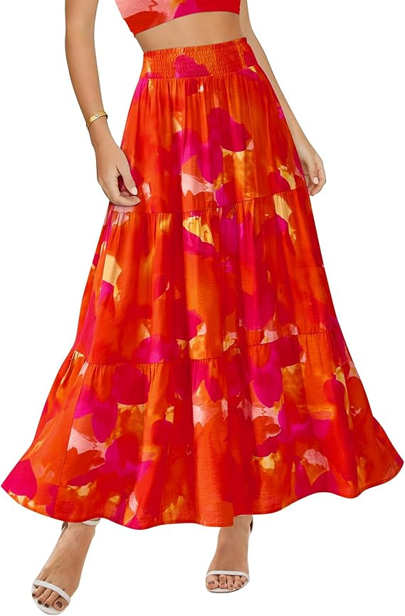 BTFBM Skirts for Women Floral Print Fall Fashion 2026 A Line Elastic High Waist Boho Holiday Maxi... | Amazon (US)