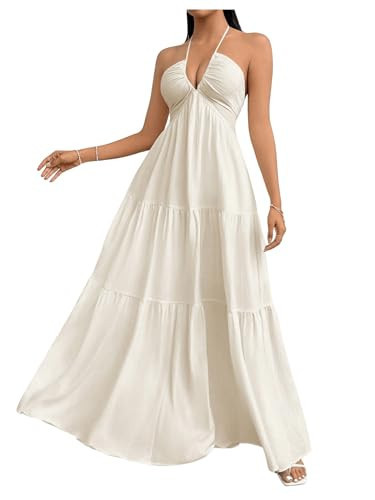 SHENHE Women's Deep V Neck Tie Knot Backless Halter Dress A Line Flowy Ruffle Maxi Dress Beige X-Small | Amazon (US)