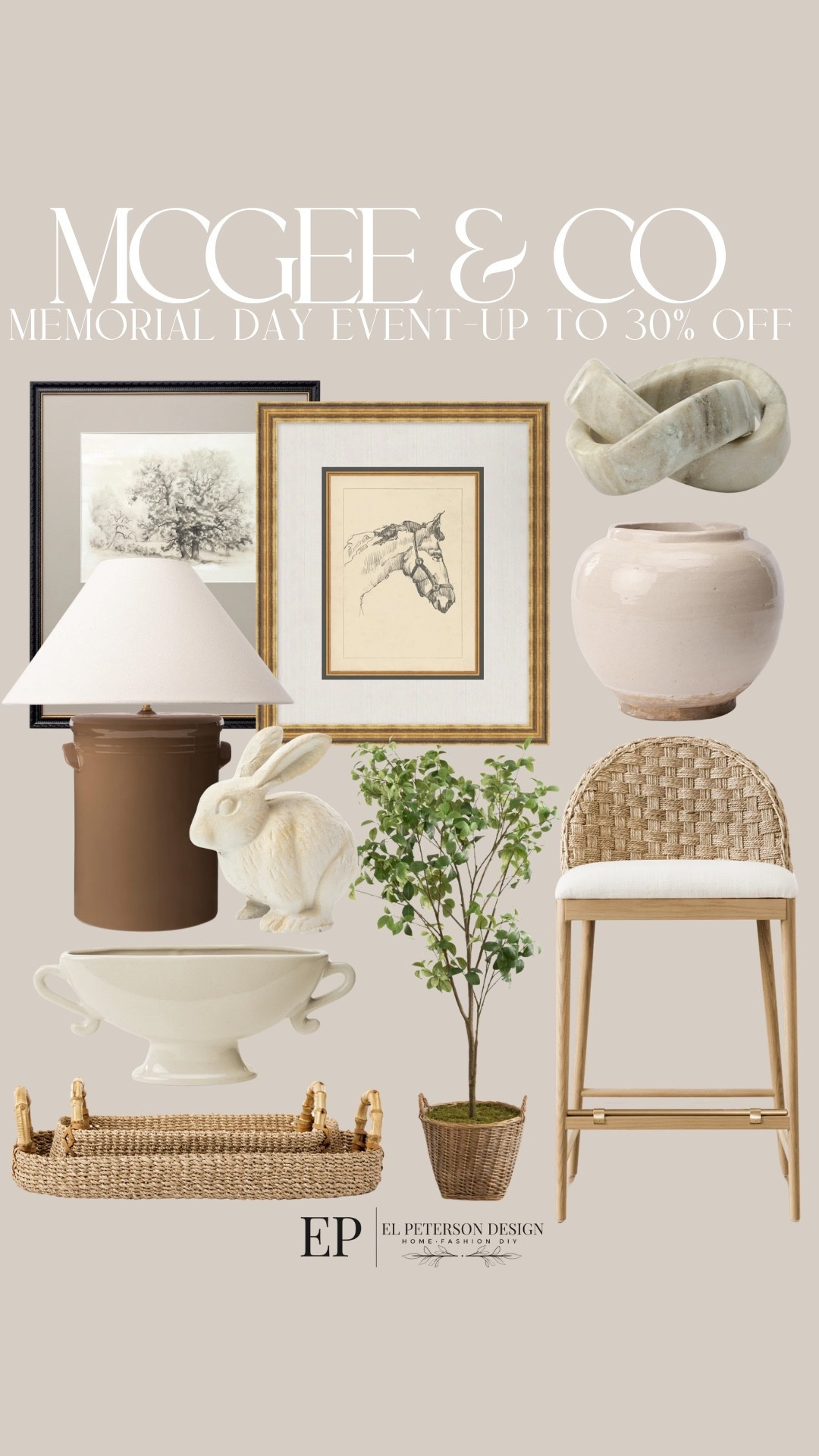 Mcgee & Co
Memorial Day Event-Up to 30% off 
Artworks
Counter stools
Table lamp
Vase
Decorative knots
Wicker tray
Potted plant

#LTKSaleAlert #LTKHome