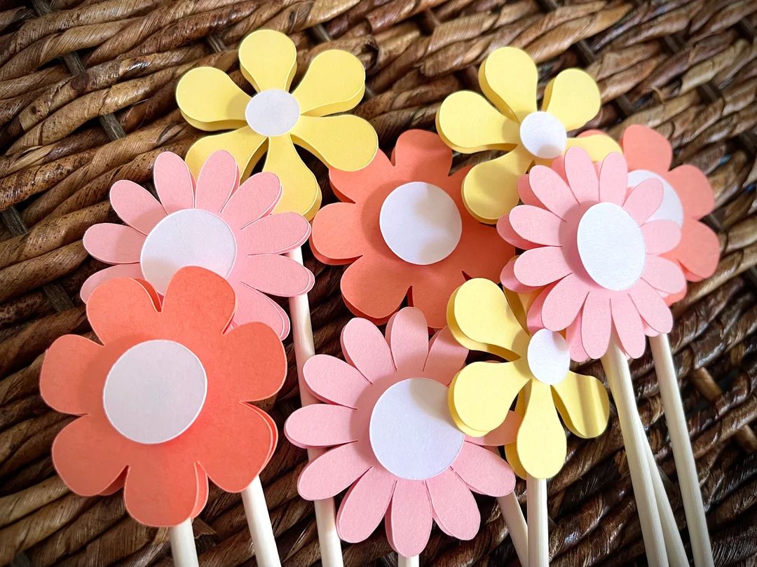 Daisy Flower Cupcake Toppers, Groovy Birthday Treat Toppers, Hippie Dessert Picks - Etsy | Etsy (US)