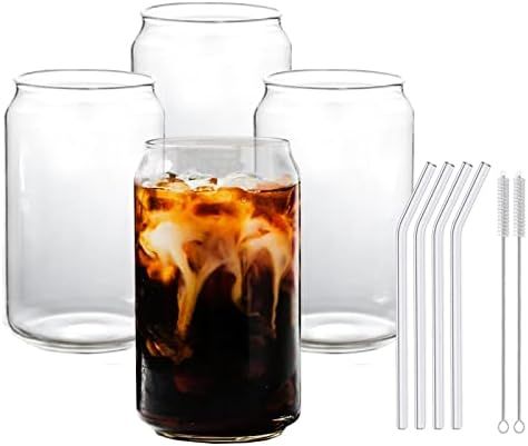 Can Shaped Glass Cups,4pcs 16oz Drinking Glasses with Glass Straw Beer Can Glass Cup Tumbler Cup ... | Amazon (US)