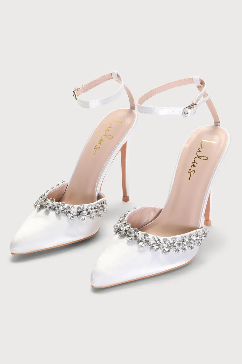 Gluray White Satin Rhinestone Pointed-Toe Pumps | Lulus (US)