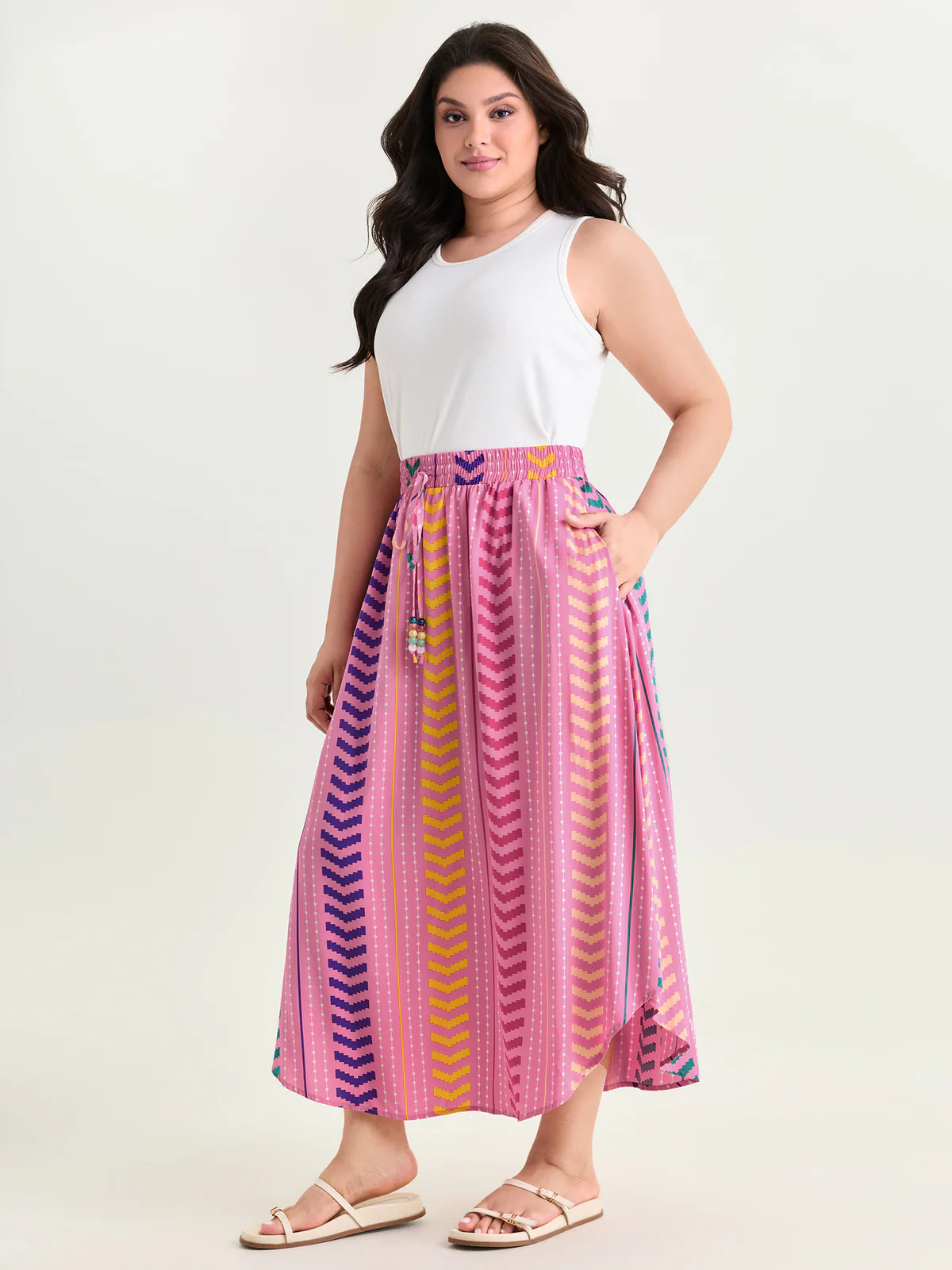 Geometric Striped Print Drawstring Maxi Skirt | Bloomchic