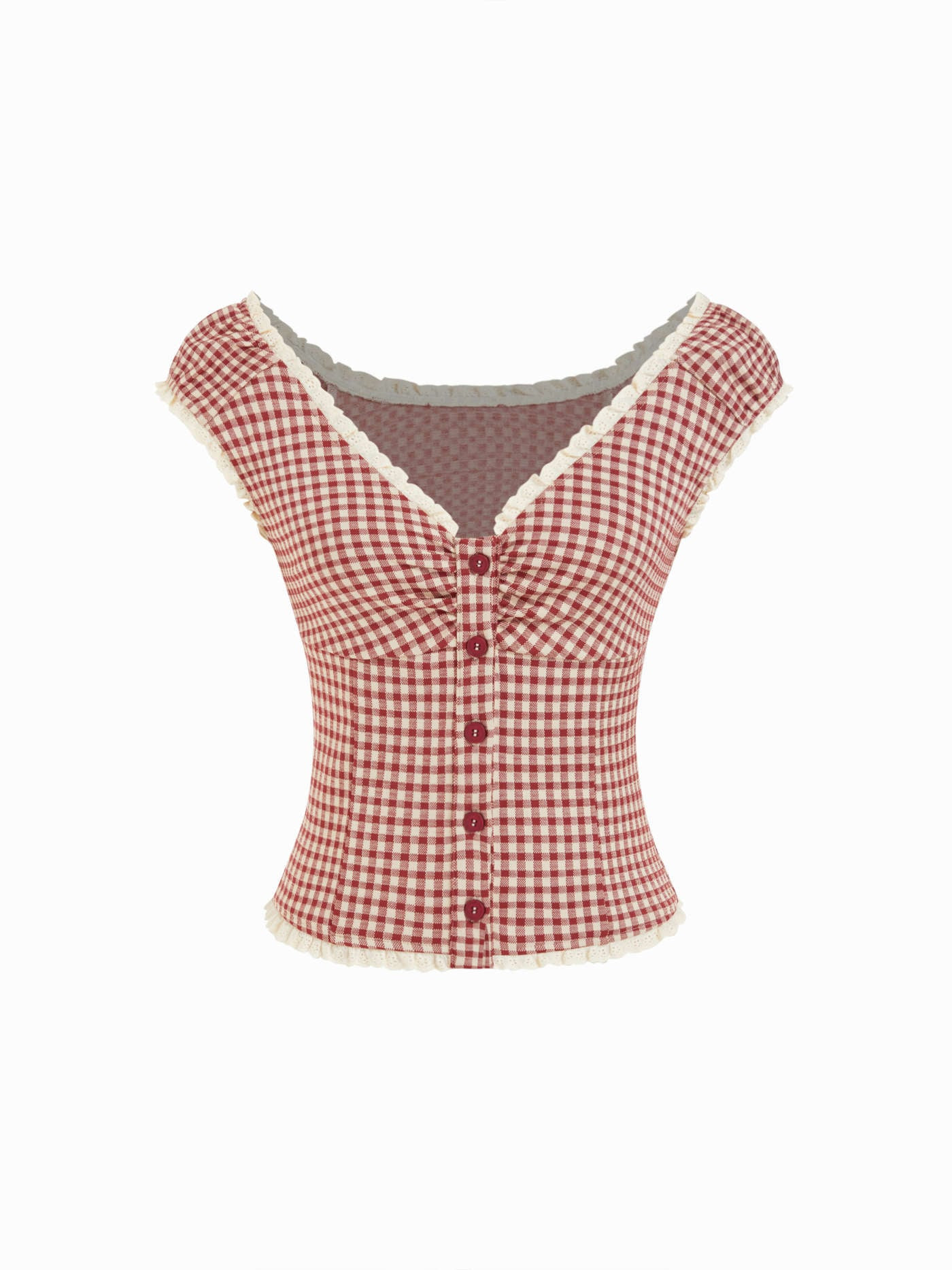 Jacquard Gingham Sweetheart Raglan Sleeve Ruched Top | Cider