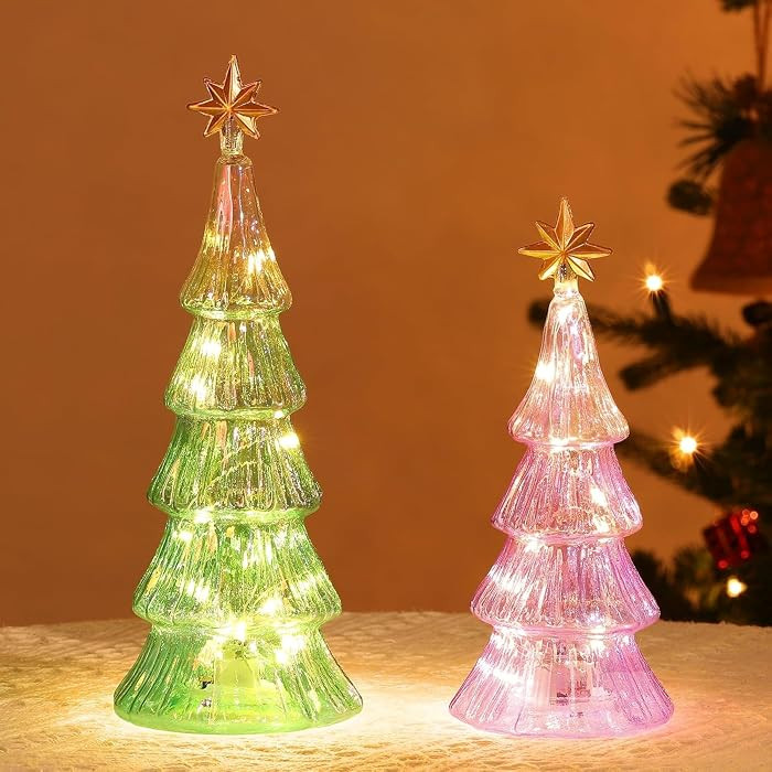 Lewondr Glass Christmas Tree Lamps, 2 PCS Tabletop Mercury Small Tree with Lights, Built-in Batte... | Amazon (US)