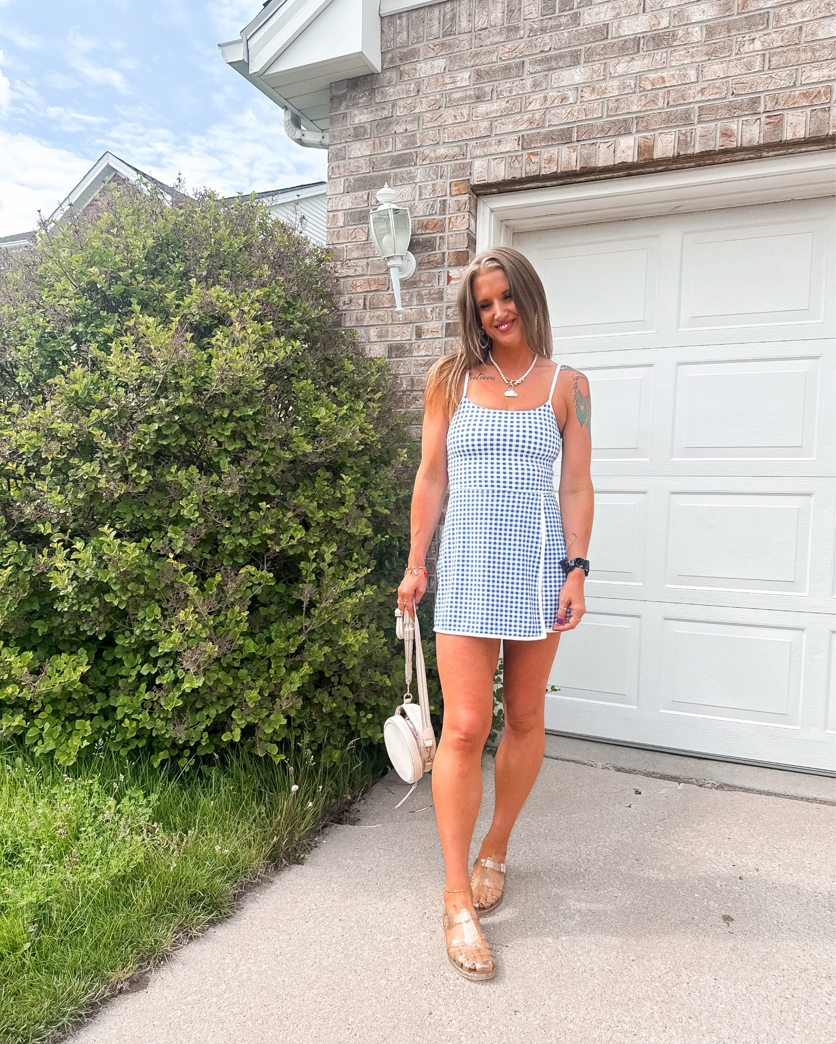 It’s jelly sandal season 💙🤍🤘🏼
Target style | target finds | active dress | summer looks | summer style 
#ootd #gingham #summer #momstyle #salefinds 

#LTKShoeCrush #LTKActive #LTKFindsUnder50