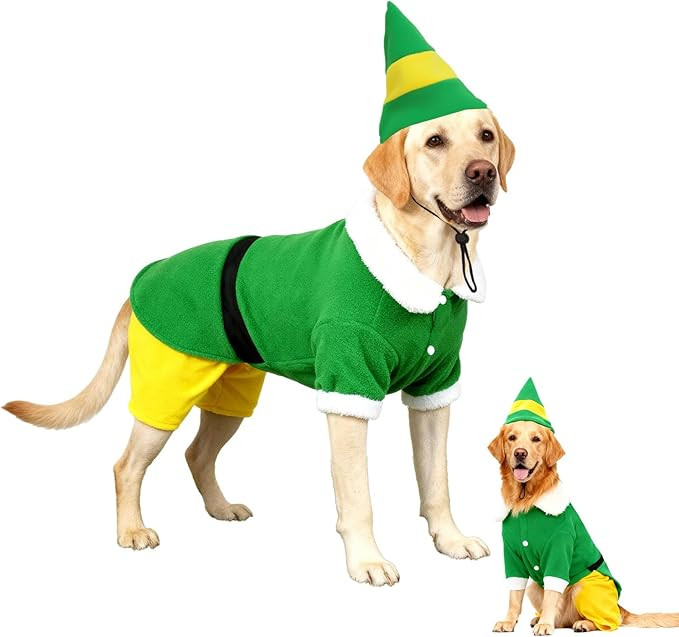 Dog Elf Christmas Outfit with Cap, Funny Party Cosplay Winter Warm Dogs Christmas Outfit (Green, ... | Amazon (US)