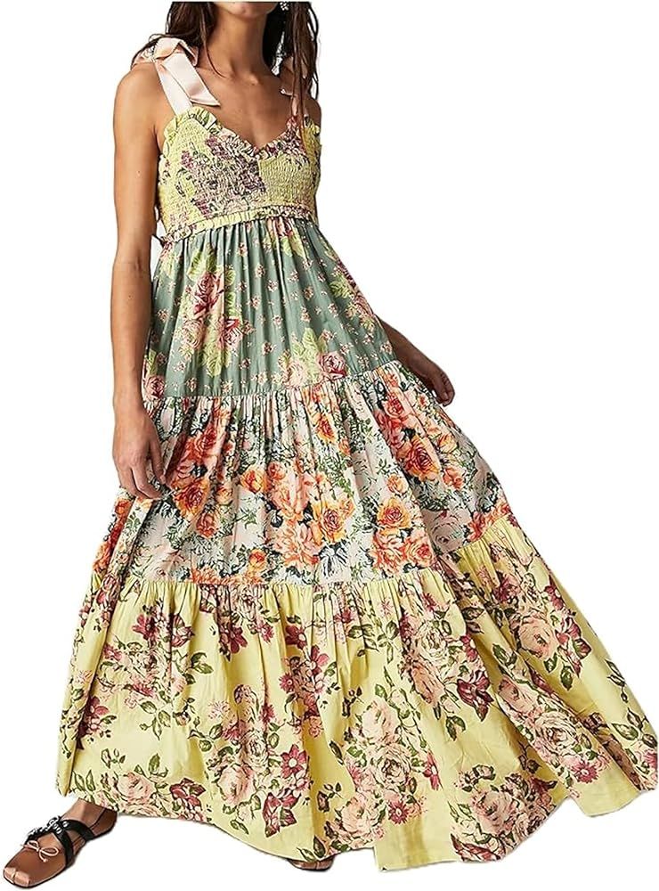 Yuemengxuan Women Summer Boho Dress Flowy Sundress Floral Printing Sleeveless Tie Shoulder Maxi D... | Amazon (US)