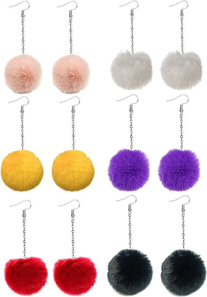 6 Pairs Pom Pom Earrings for Women Faux Fur Ball Earrings Tassel Drop Dangle Earrings Set | Amazon (US)