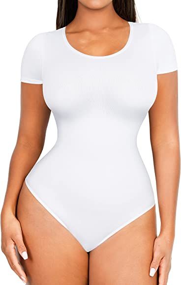 FeelinGirl Seamless Short Sleeve Bodysuit for Women Tummy Control Shapewear Scoop Neck Thong Sculpti | Amazon (US)