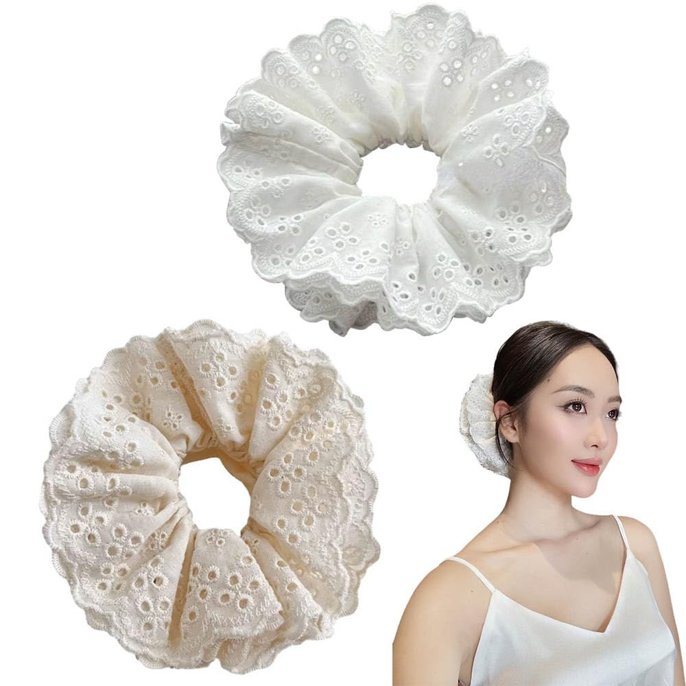White Lace Scrunchie Hair Tie, Eyelet Design, Elastic Ponytail Holder for Women and Girls (Four H... | Amazon (US)