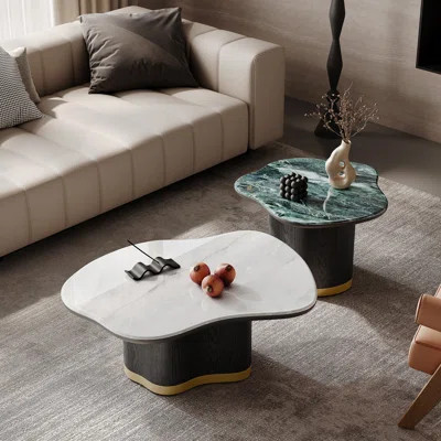 Modern Luxury 2-Piece Irregular Marble Stone Coffee Table Set with Black Wood Base & Gold Trim | Wayfair North America