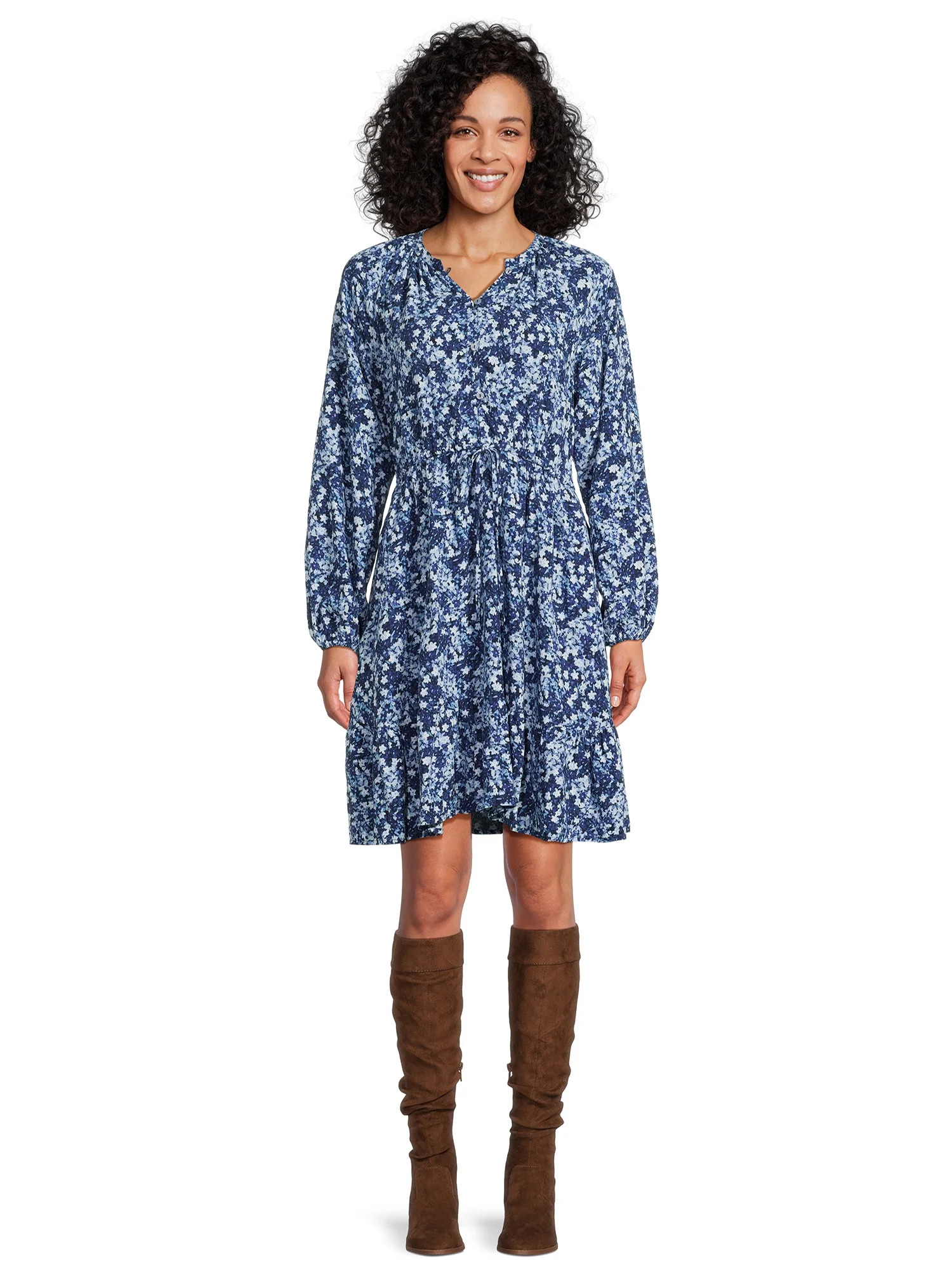 Time and Tru Women's Long-Sleeve Mini Dress with Drawstring, Sizes S-XXXL | Walmart (US)