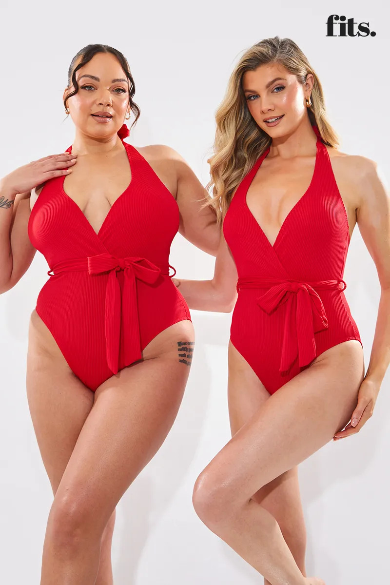 Contour Rib Wrap Front Functional Halter Tie Swimsuit-In The Style | In The Style (UK)