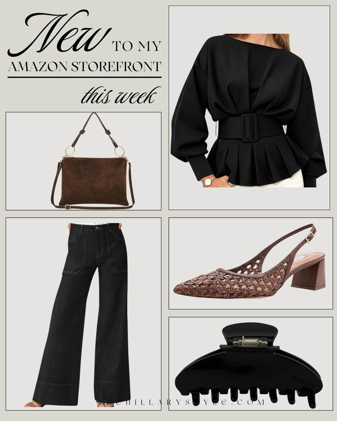 TRENDING NOW — NEW AMAZON FASHION FINDS! The elevated pieces I just added to my STOREFRONT this week and I’m obsessed. Think CLASSIC neutrals, TIMELESS silhouettes, and designer-inspired details without the designer price tags.

That structured BLACK PEPLUM TOP with the bold waist belt? So chic. The WIDE LEG DENIM is flattering and elongating. The woven SLINGBACK HEELS are giving effortless European style. And this rich brown CROSSBODY is the perfect everyday bag. Don’t sleep on the oversized CLAW CLIP either — it’s a staple.

These are the kind of pieces you’ll wear on repeat.

#Amazon #TheHillaryStyle #AmazonFashion #FallStyle #NeutralWardrobe #ClassicStyle #WideLegDenim #ChicFinds #DesignerInspired #ClosetStaples 

 #LTKU #LTKOver40 #LTKHome