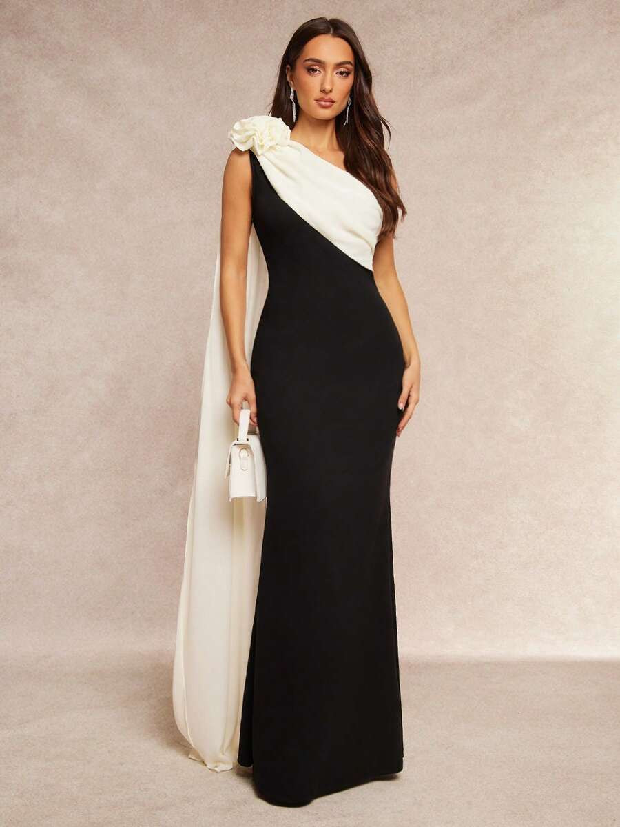 Silquee This New Black And White Color-Blocked Asymmetrical Off-The-Shoulder Satin Dress Features... | SHEIN