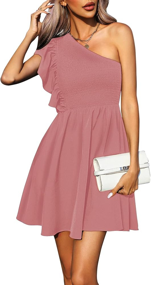 Byinns Women's 2023 Summer One Shoulder Cocktail Dress Ruffle Sleeveless Smocked Dress Party Wedd... | Amazon (US)