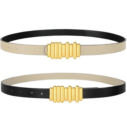 Skinny Reversible Belts for Women, Two-in-one Women Thin Belt for Dresses Jeans Pants with Gold irregular Buckle, Black/Beige XXXL | Amazon (US)