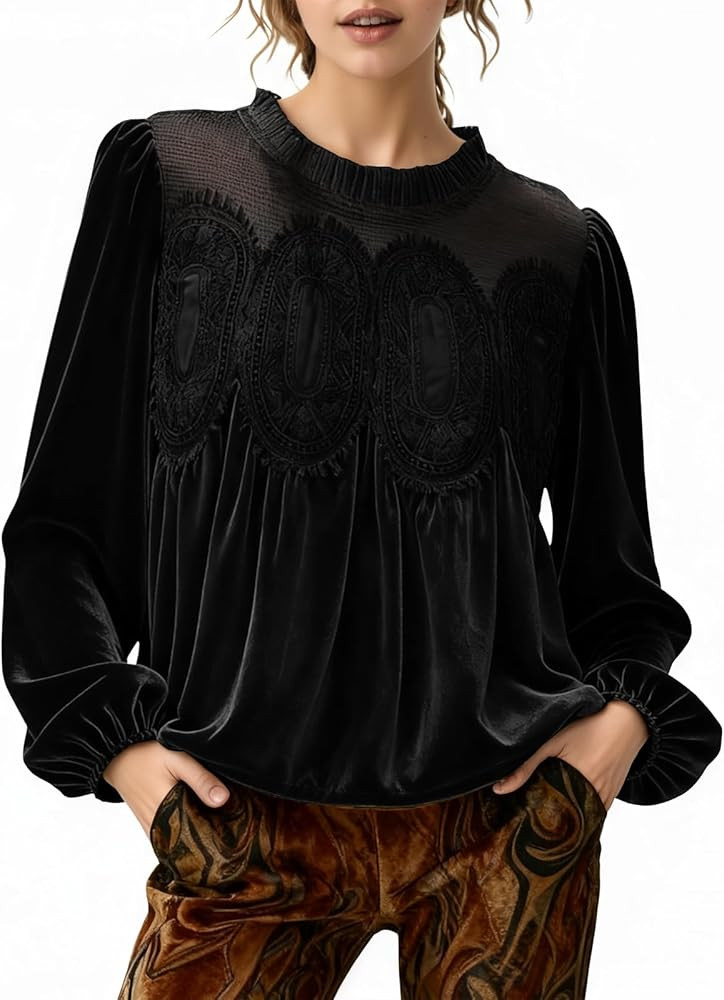 Women's Long Sleeve Velvet Tops Lace Trim Elegant Flared Swing Babydoll Blouses Shirts | Amazon (US)