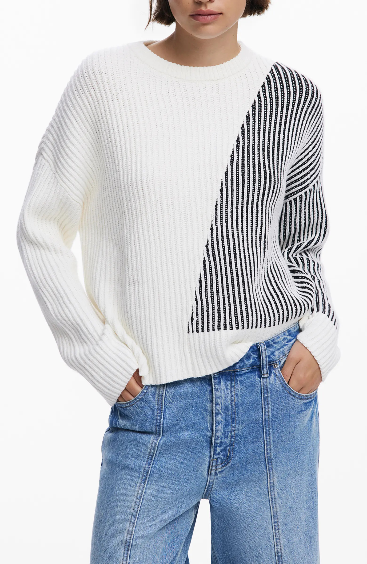Desigual Stripe Crewneck Cotton Blend Sweater | Nordstrom | Nordstrom