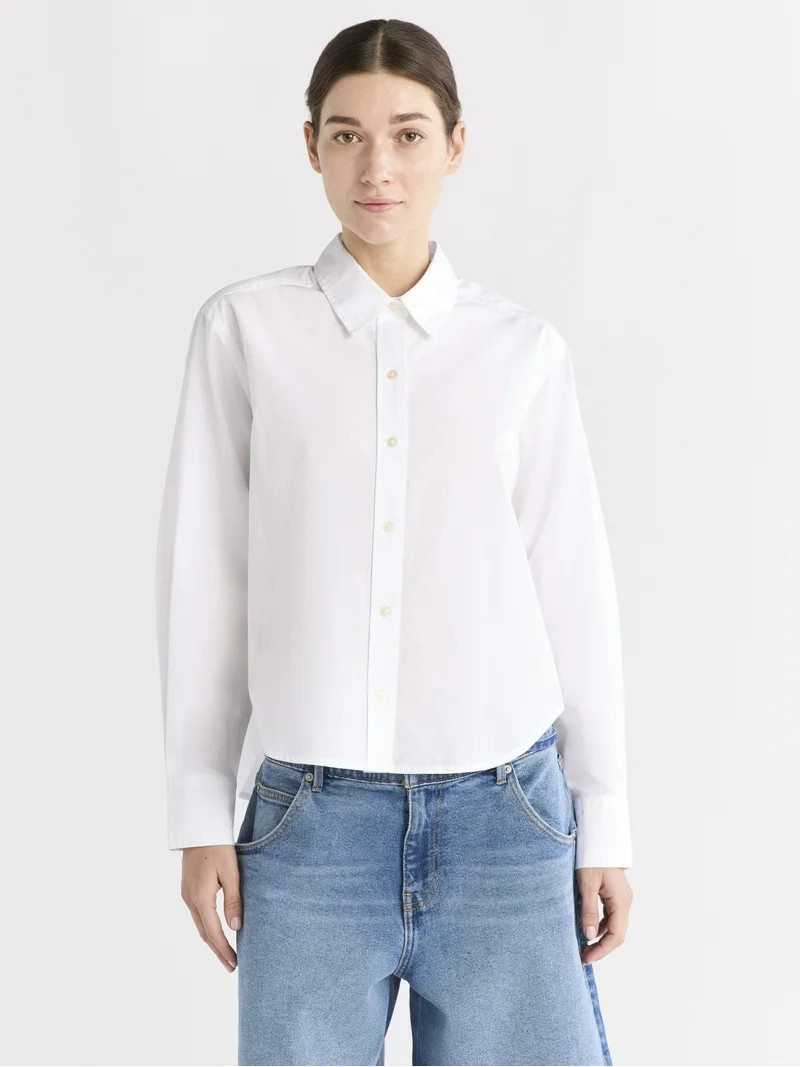 Free Assembly Women's Cropped Button Front Cotton Shirt, Sizes XS-XXL | Walmart (US)