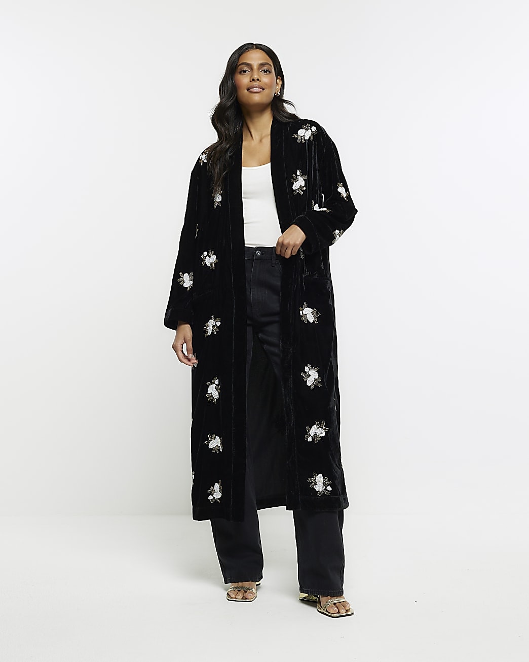 Black velvet embellished kimono | River Island (UK & IE)