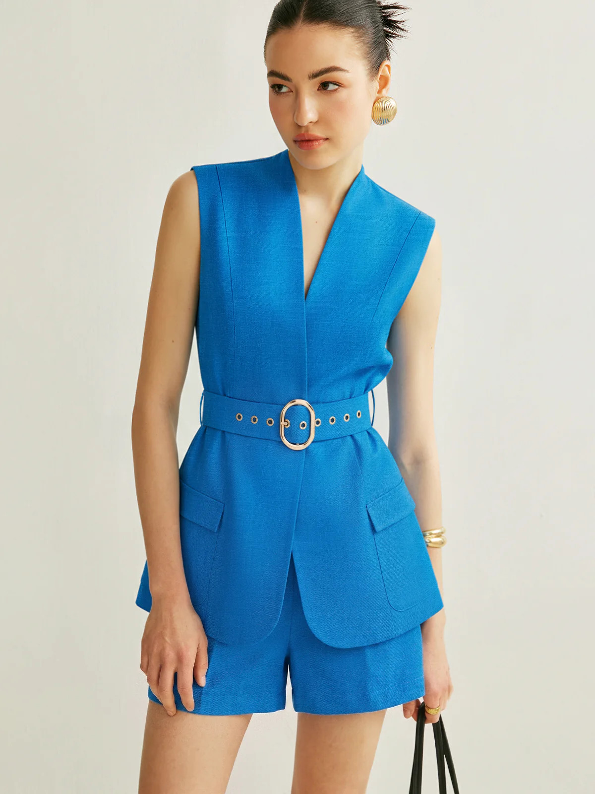 Sleeveless Blazer Vest & Pleated Shorts Set | Commense