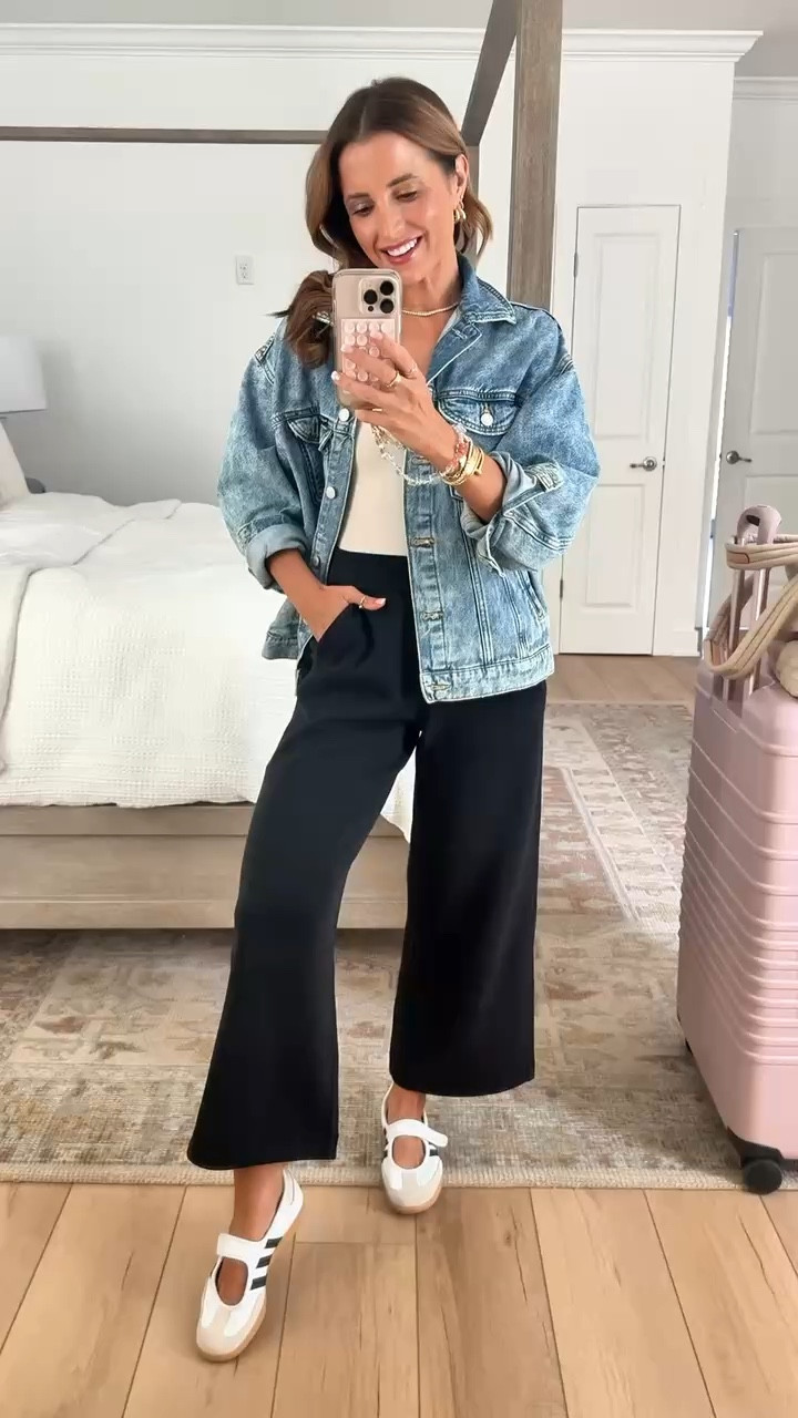 Travel outfit. Elevated casual. I just love these new wide leg modal blend pants! Wearing XXS and has 25” inseam. So soft and comfortable for travel, everyday, and the office, too. Wearing XS in bodysuit and XS in slouchy denim jacket. Adidas samba Jane’s run a smidge big but I didn’t size down because you can tighten straps. Love my quilted travel tote & luggage with fitted covers. Spring outfit. Mom outfit. 


#LTKdayinmylife #LTKTravel #LTKootd