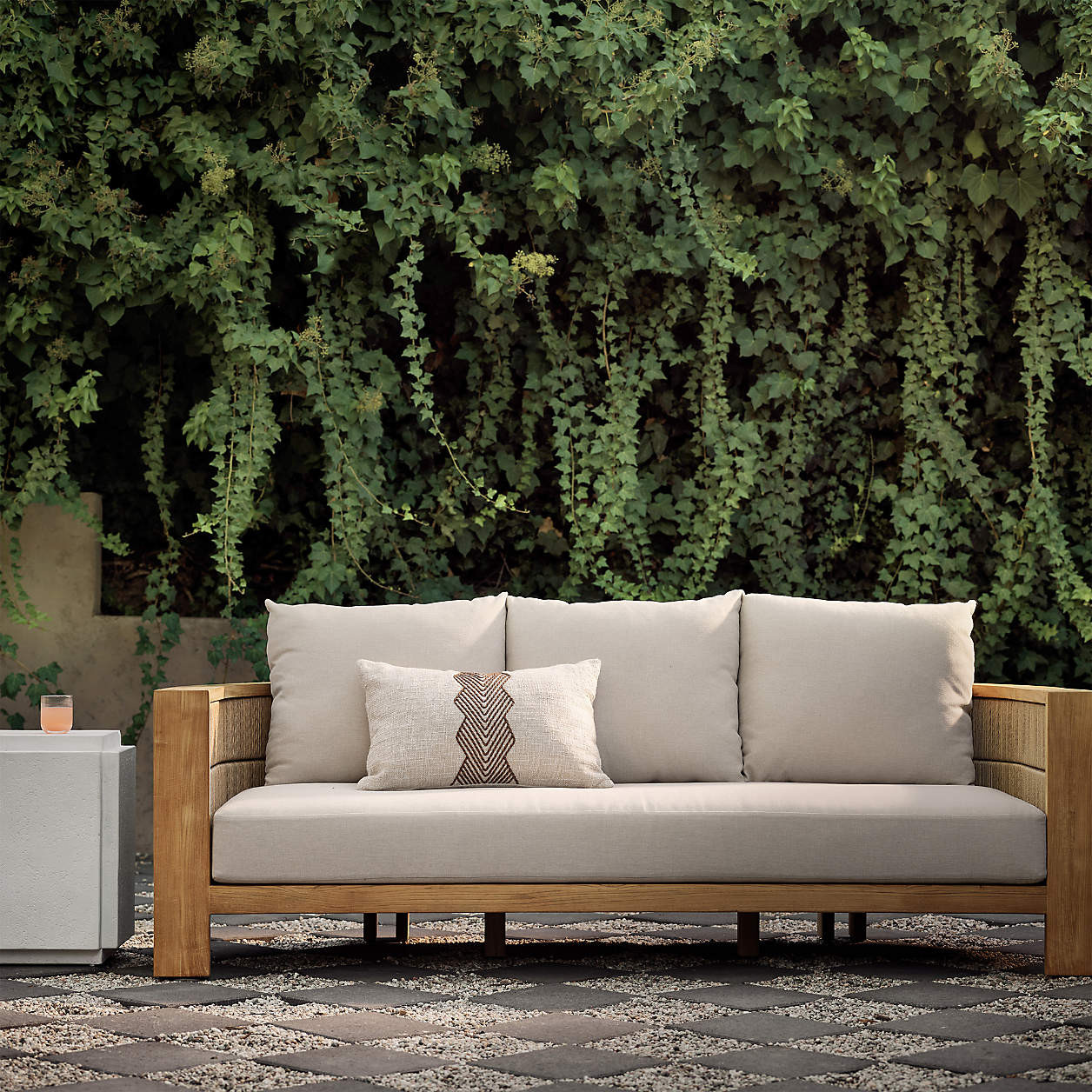 Bali 86" Natural Teak Outdoor Sofa with Nova Glow Sunbrella Cushions | Crate & Barrel | Crate & Barrel