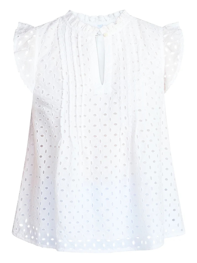 Time and Tru Women's Cotton Eyelet Top with Short Flutter Sleeves, Sizes XS-XXXL | Walmart (US)