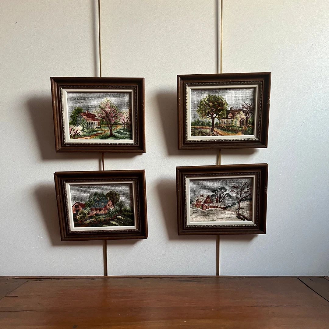 Vintage Handmade Needlepoint in Wood and Gilt Frames of 4 Seasons Cottage House Landscape Trees -... | Etsy (US)